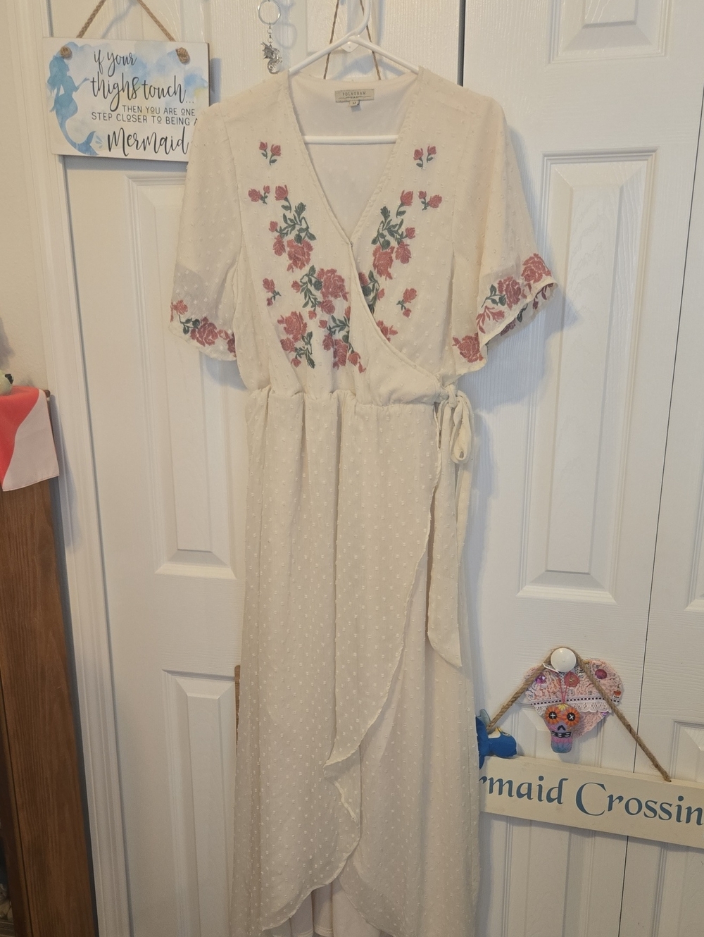 Polagram Cream Wrap Maxi Dress with Pink Floral Embroidery